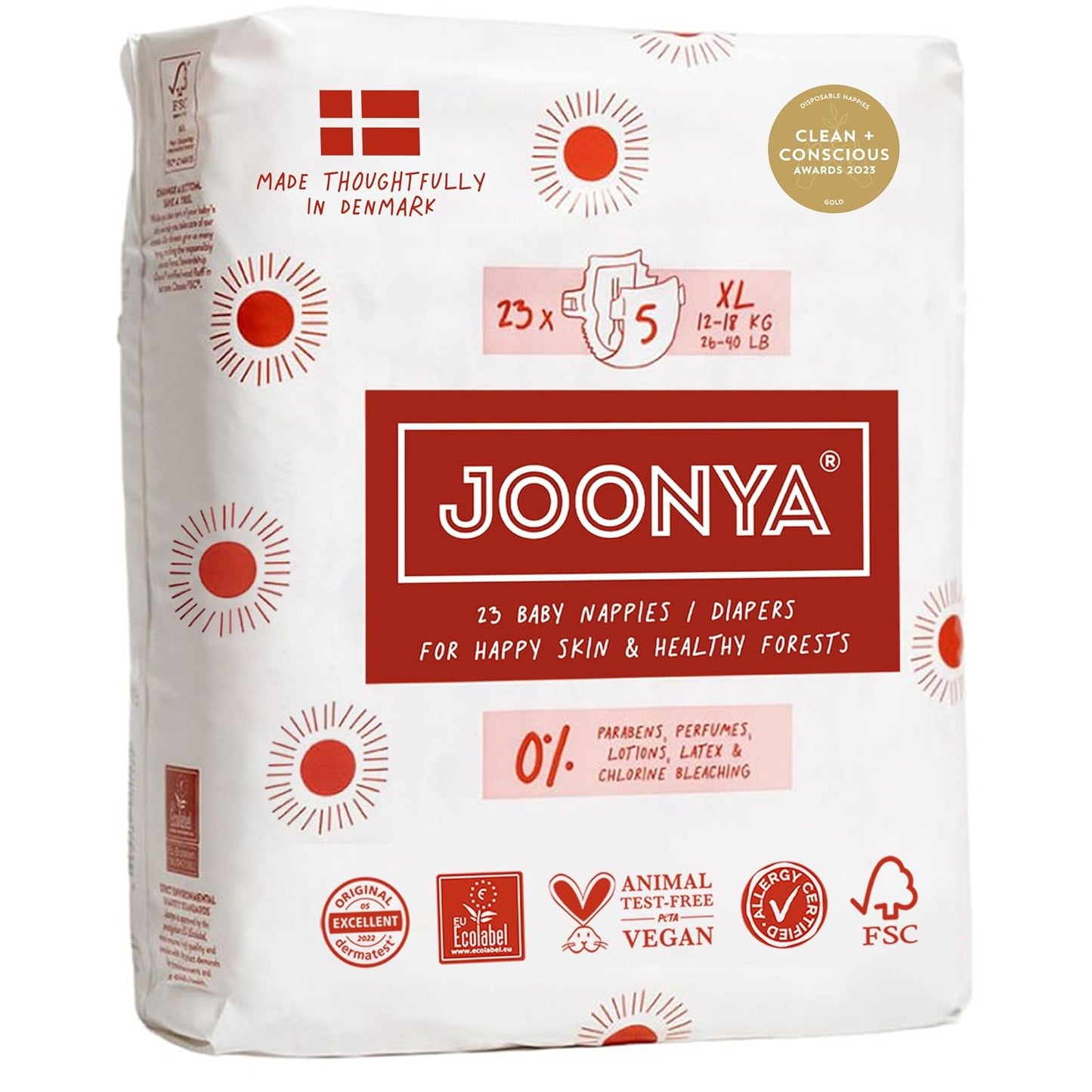 Joonya Baby Diapers, Size 5 XL (26-40 lb) - 1 Bag of 23 - New Range - NonToxic, Eco-Friendly, Ultra Slim, Overnight Use - Made in Denmark