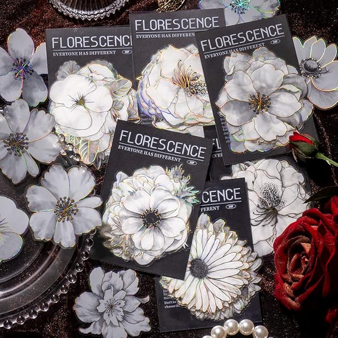 120pcs White Flower Scrapbook Stickers Pack, Vintage Roses Lilies Daisies