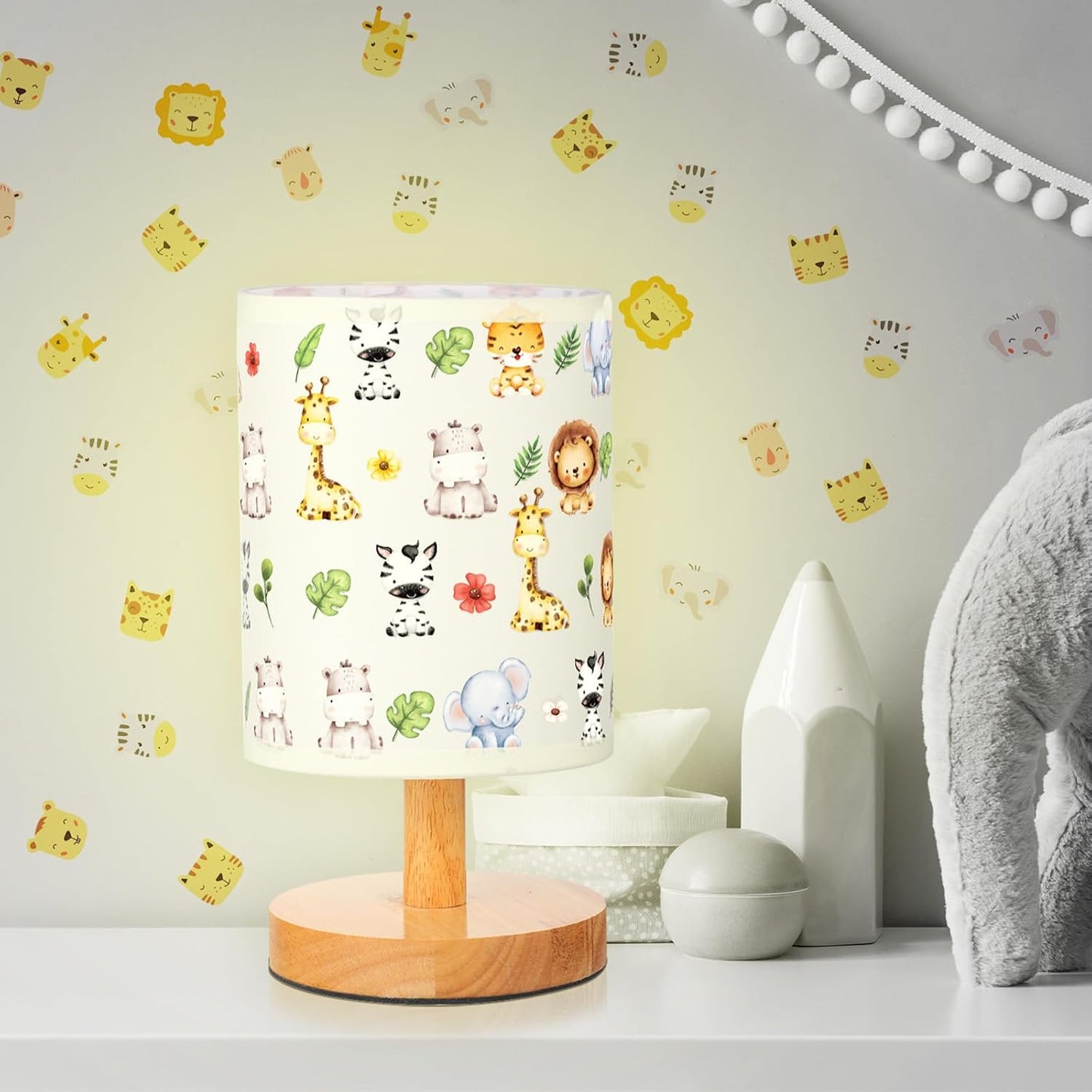VIHOSE Safari Animal Kids Table Lamp for Bedroom Kids Bedside Lamp with Linen Wooden Nightstand Cartoon Nursery Lampshade for Girls Boys Living Room