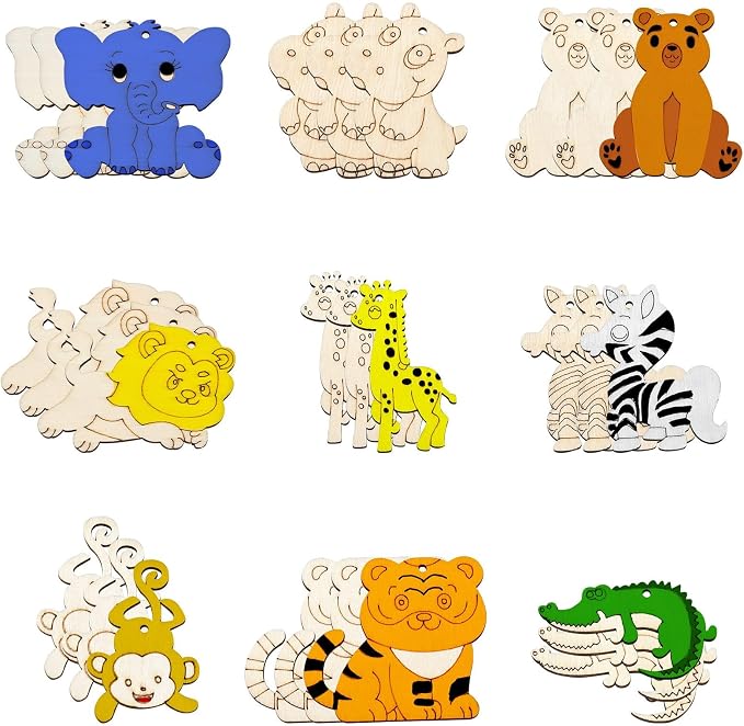45 pcs 9 Styles Animal Theme Unfinished Wood Cutout Charms Elephant Lion