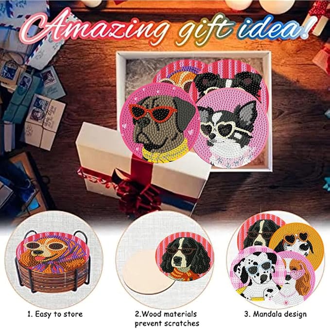 8 Pack Diamond Art Coasters, Funny Dog Diamond Painting Coasters Kits | Dog