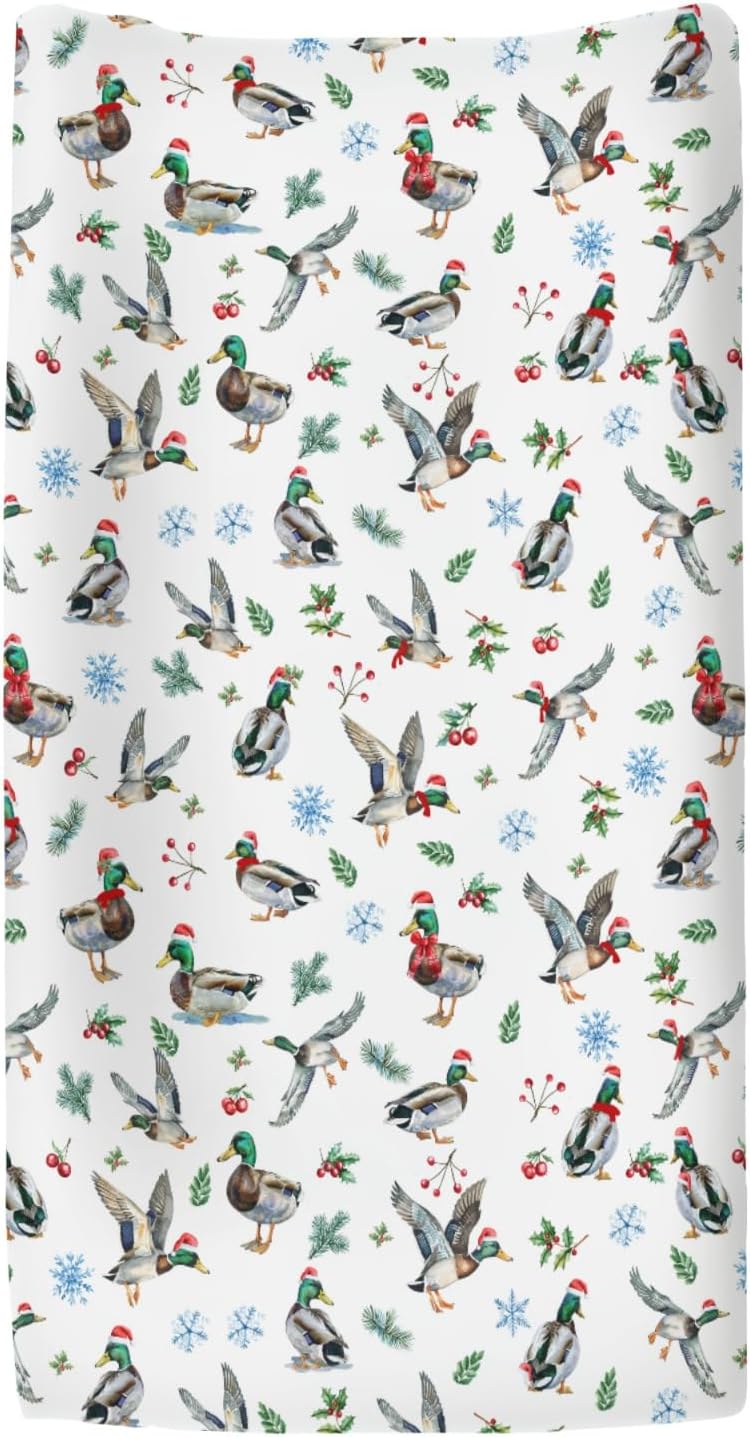 Christmas Mallard Ducks Changing Pad Covers for Baby Girl Boy Wild Ducks Cherry Fir Leaves Fitted Change Table Cover Mats Winter Hunting Duck Soft Diaper Changing Table Sheets 32''×16''