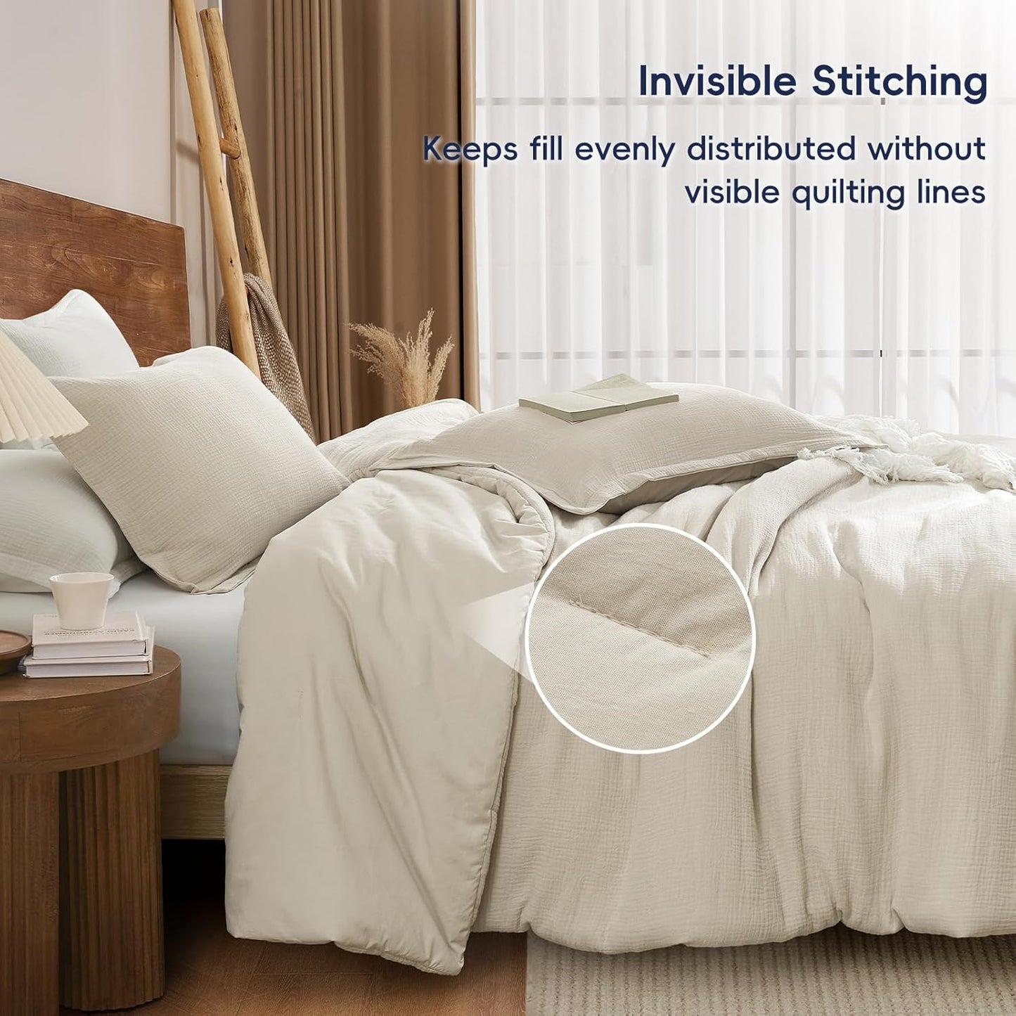 PHF Cotton Muslin Comforter Set King Size – Ultra Soft, Breathable & Lightweight Bedding Set for All Seasons, 3 Pieces - 1 Comfy Comforter 104"x90", 2 Pillow Shams 20"x36", Natural