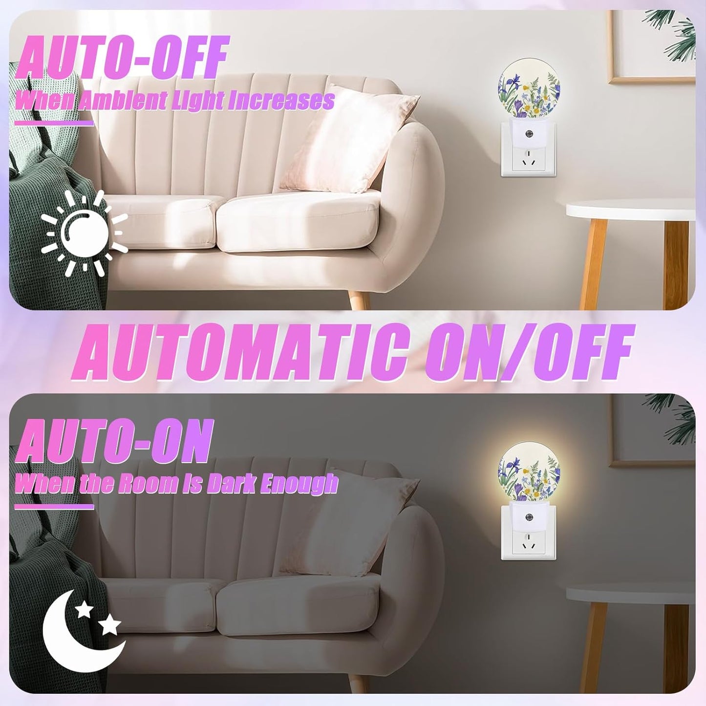 Wildflowers Night Light Spring Floral Night Lights LED Lamp Round Plug into Wall Nightlight with Dusk to Dawn Sensor Home Hallway Stairway Kitchen Decor