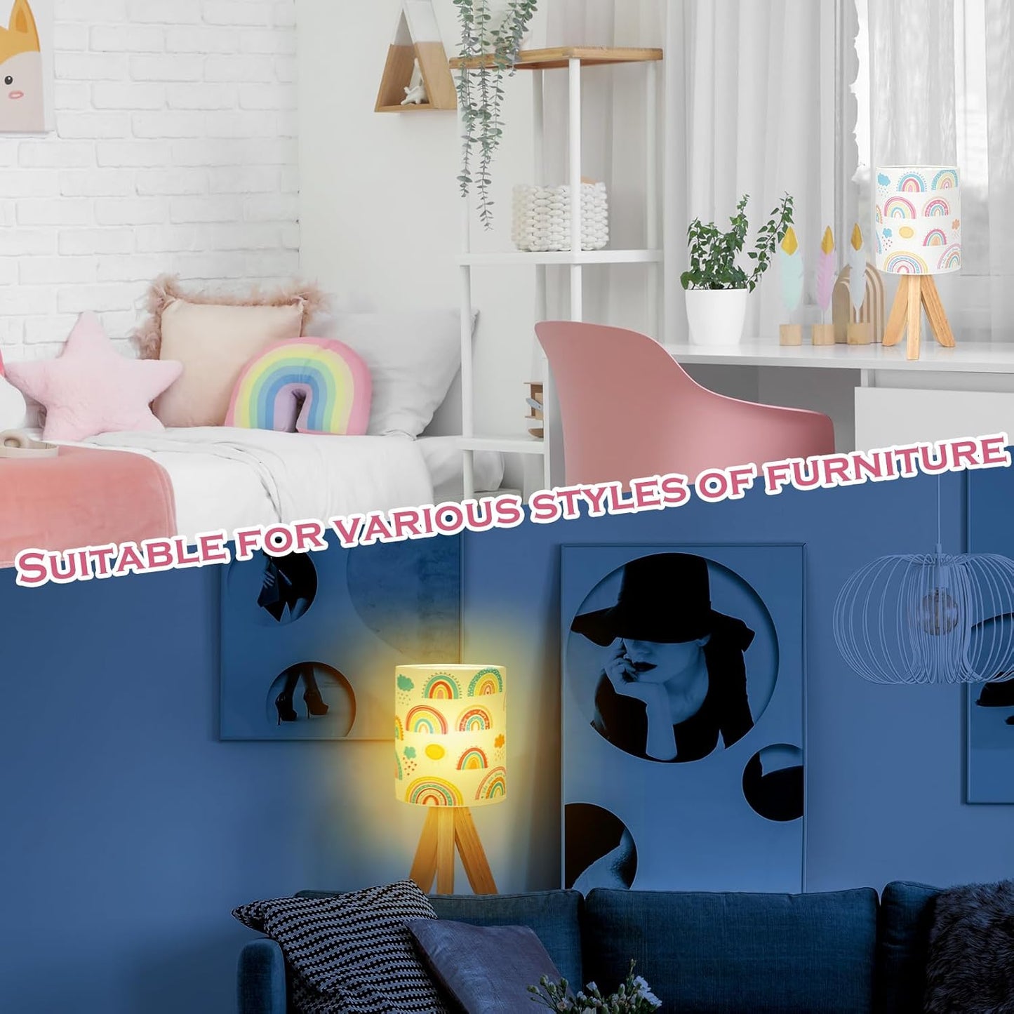 VIHOSE Rainbow Kids Tripod Table Lamp for Bedroom Kids Bedside Lamp with Linen Wooden Nightstand Cartoon Nursery Lampshade for Girls Boys Living Room