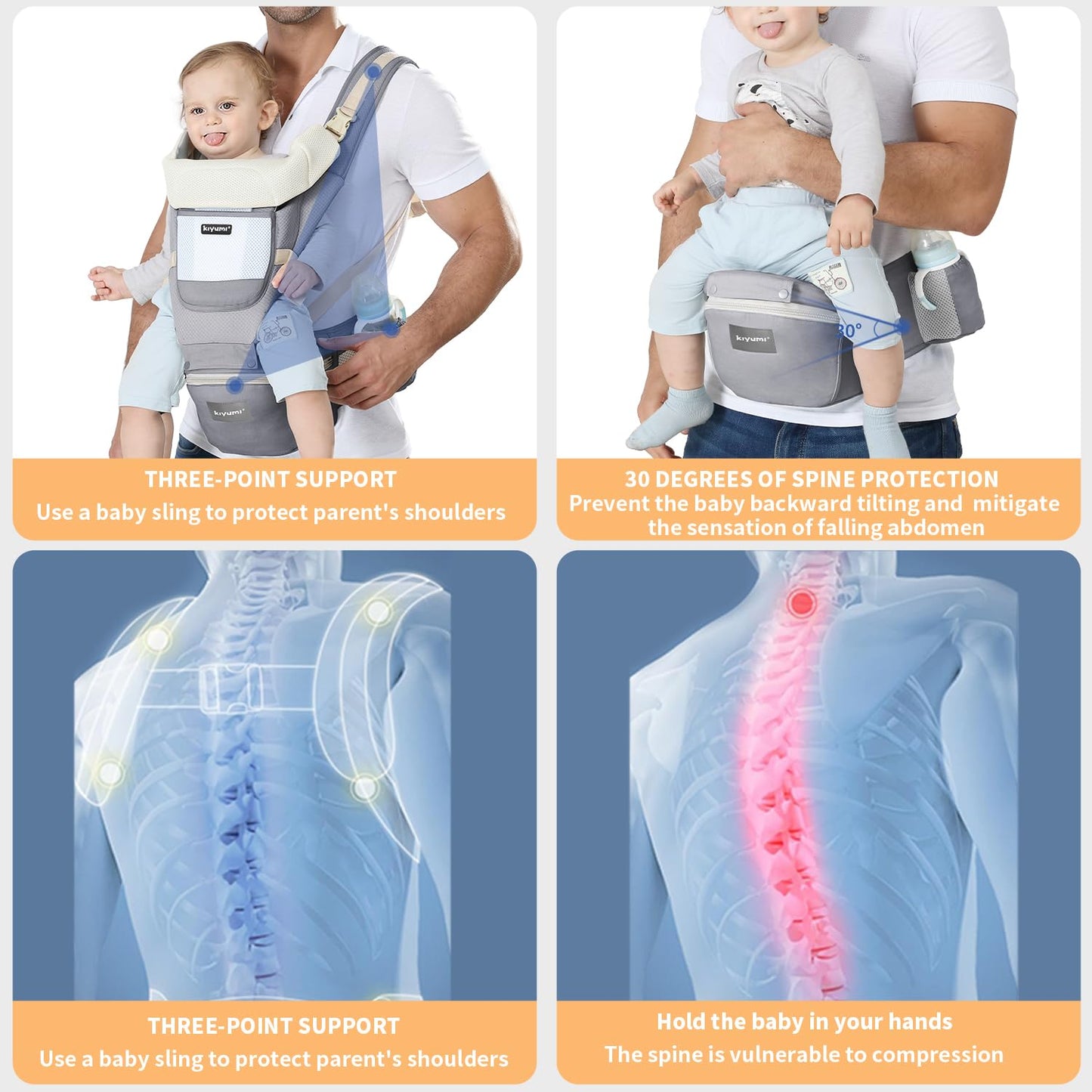 KIYUMI Baby Carrier with Hip Seat, 6- in-1 Baby Carrier Newborn to Toddler, Ergonomic M Position, Head Support and Breathable Mesh,Adjustable Removable Baby Sling Carrier (7-45 lbs), Grey