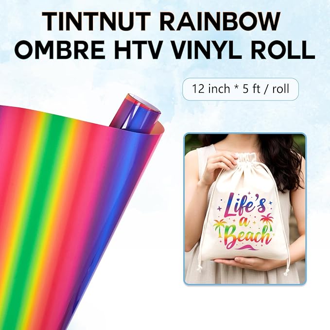 Tintnut Rainbow Gradient Heat Transfer Vinyl Roll, stretch washable, compatible