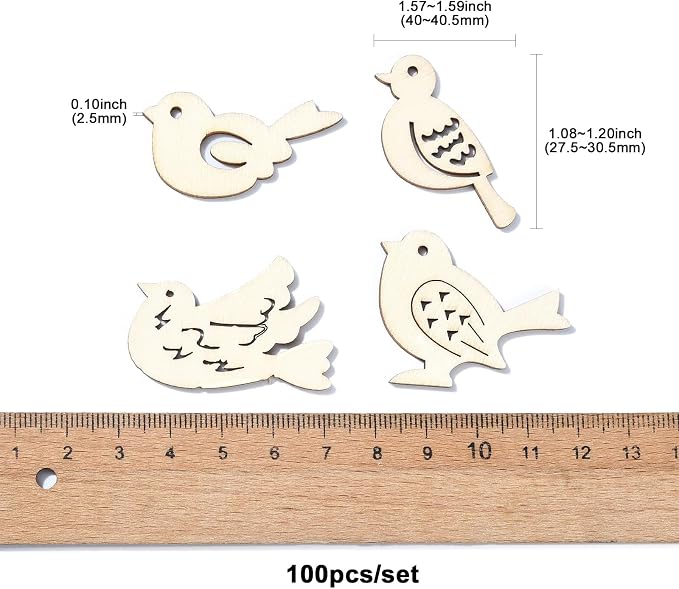 200 Pcs Unfinished Wooden Bird Cutouts Wood Animals Shapes Blank Wood Slices