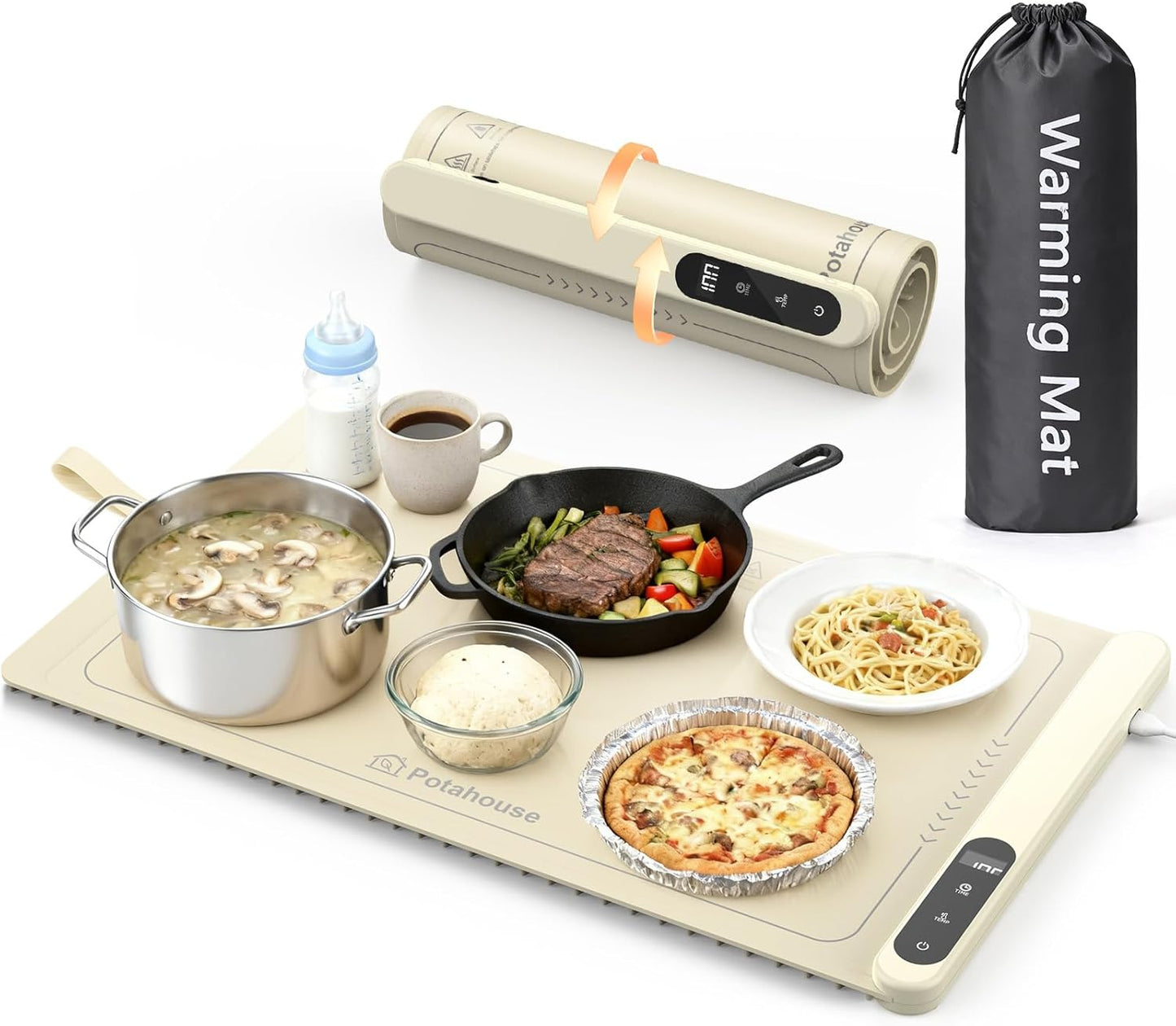 Potahouse® Warming Mat for Food, Graphene Full-Surface Fast Heating, Electric Warming Tray with 6 Temp & Timer Settings, Rollable & Portable Silicone Food Warmer for Parties, Home and Travel, Apricot