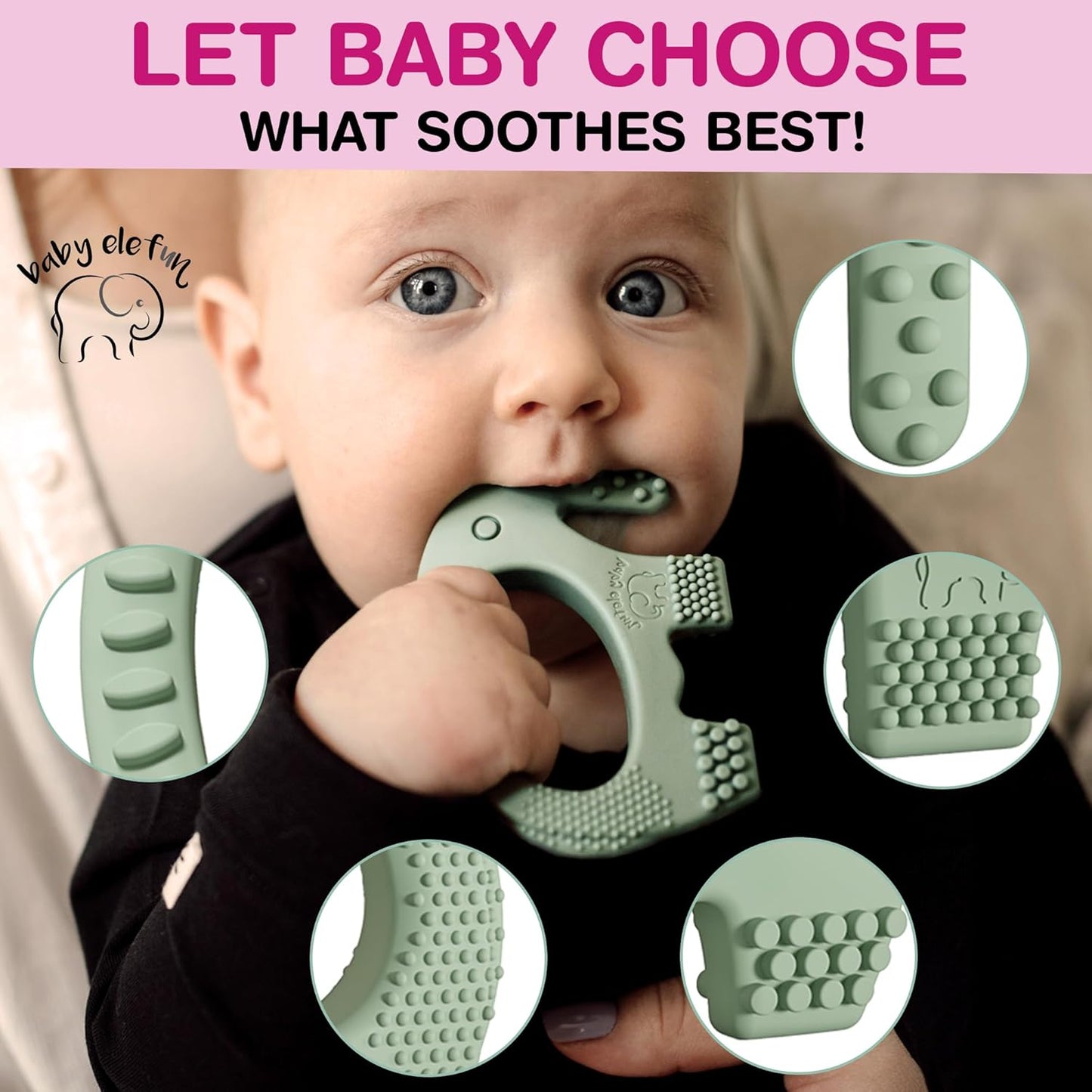Baby Elefun Baby Teething Toys 5X Pain Relief Zero-Delay 0-6 Months Olive