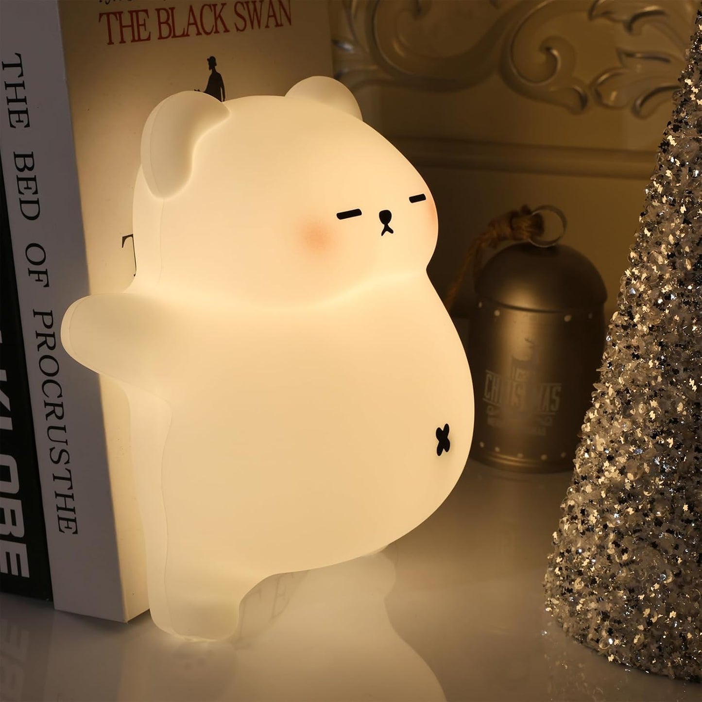 Squishy Night Light for Kids, Bear Silicone Night Light - Rechargeable with Soothing Snore Sounds & Moving Tummy, 3-Level Dimming Touch Control