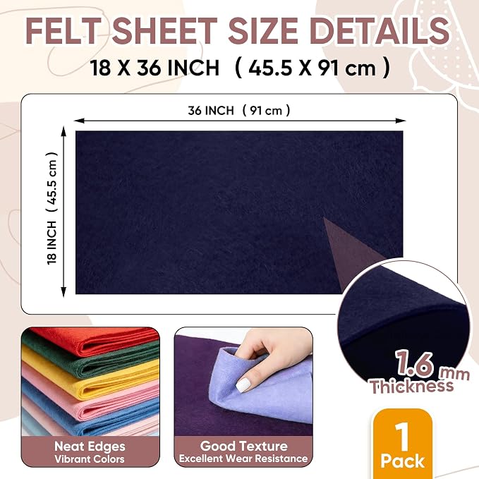 Soft Felt Fabric Sheet 18" x 36", 1.6mm Acrylic Craft Felt, Large Precut Sheet