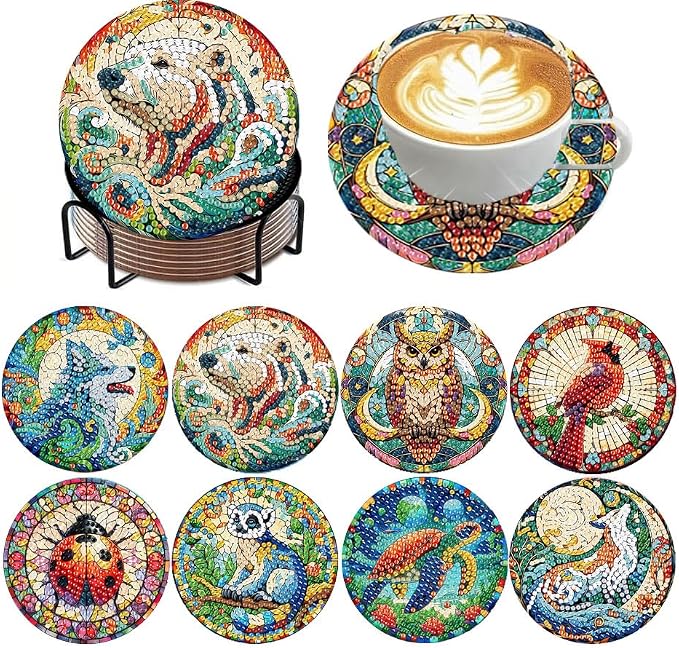 ijbnhd 8 PCS Animals Diamond Art Coasters Kit | Animals Diamond Painting