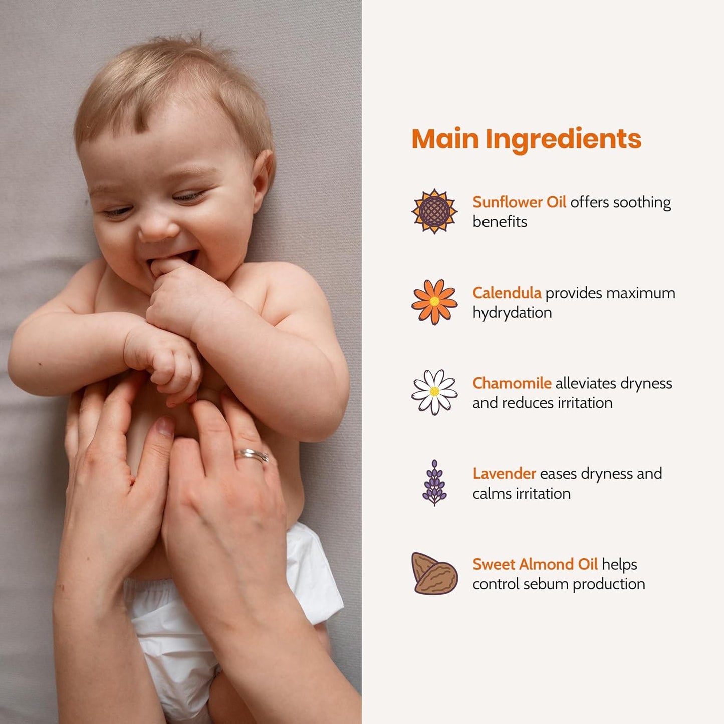 Mommy Care Baby Massage Oil – Vegan Plant-Based Natural Formula with Almond Oil, Calendula & Chamomile, Nourishes & Hydrates, 100ml / 3.38 fl oz
