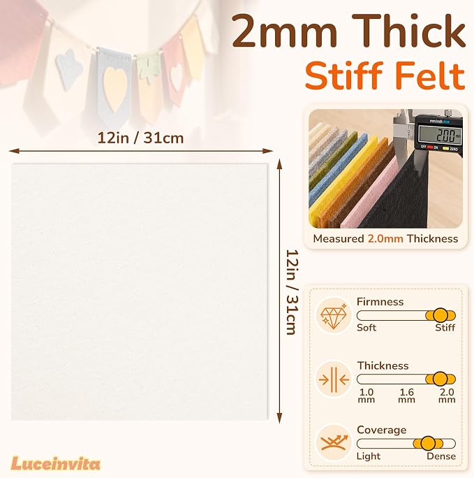 2mm Stiff Felt Sheets 12" X 12" | Thick Polyester Felt Material, DIY Craft