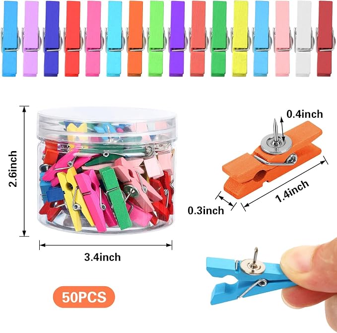 SANNIX 50Pcs Wooden Push Pin Clips, Bright Thumb Tack Clips