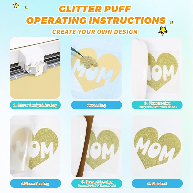Glitter Puff Heat Transfer Vinyl, 12in X 5ft Iron on | 3D Puff, Wash No Fade