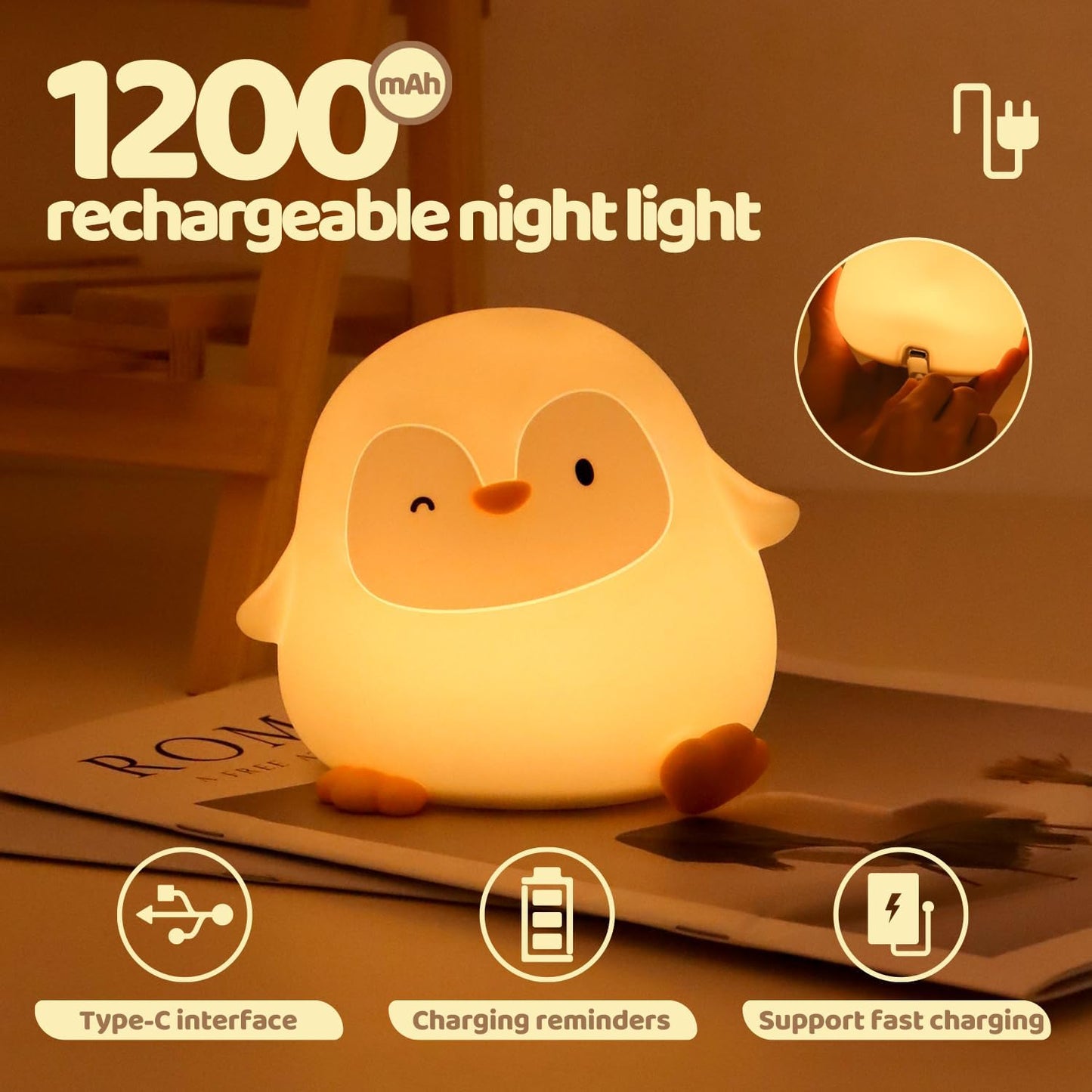 Penguin Silicone Night Light for Kids - Squishy LED Lamp with Soft Touch, USB Rechargeable & Long Battery - Cute Winter Animal Decor for Nursery & Gifts