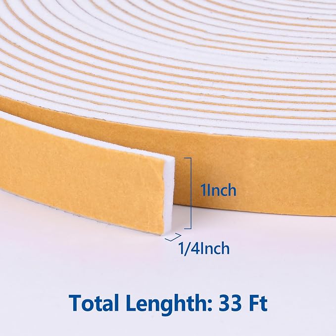 Kikerike Self Adhesive Foam Tape Weatherstrip 1in x 1/4in x 33Ft High Density