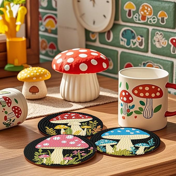 EWJRNSF 8 PCS Mushroom 5D Diamond Painting Coasters DIY Kit