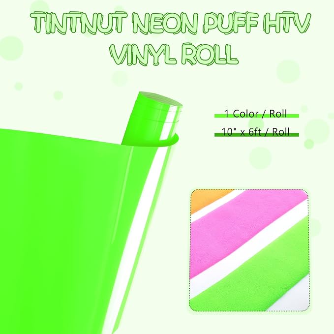 Tintnut Green Neon Puff Heat Transfer Vinyl Roll, easy cut & weed, stretch