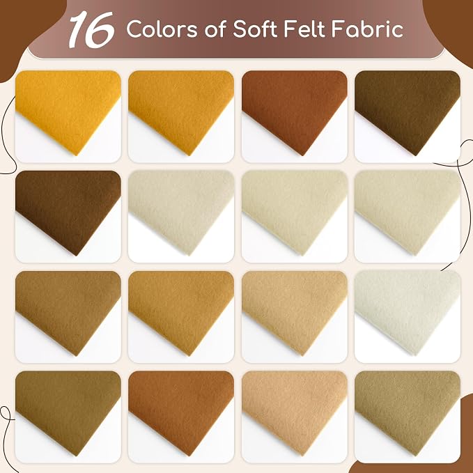 16 Pcs 8x18in Soft Felt Fabric Sheets, 16 Assorted Brown Colors Felt Pack
