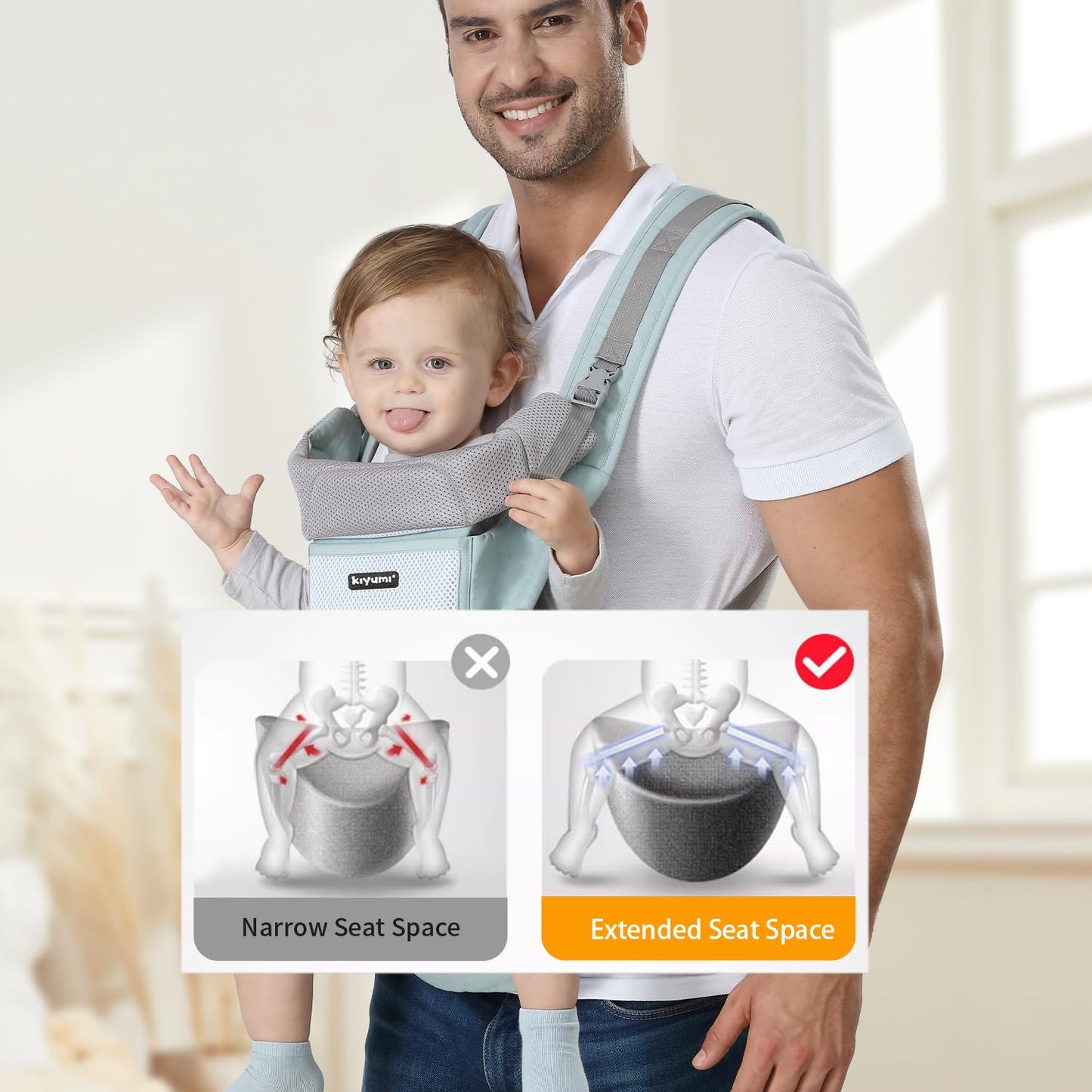 KIYUMI Baby Carrier with Hip Seat, 6- in-1 Baby Carrier Newborn to Toddler, Ergonomic M Position, Head Support and Breathable Mesh,Adjustable Removable Baby Sling Carrier (7-45 lbs), STARSKYBLUE