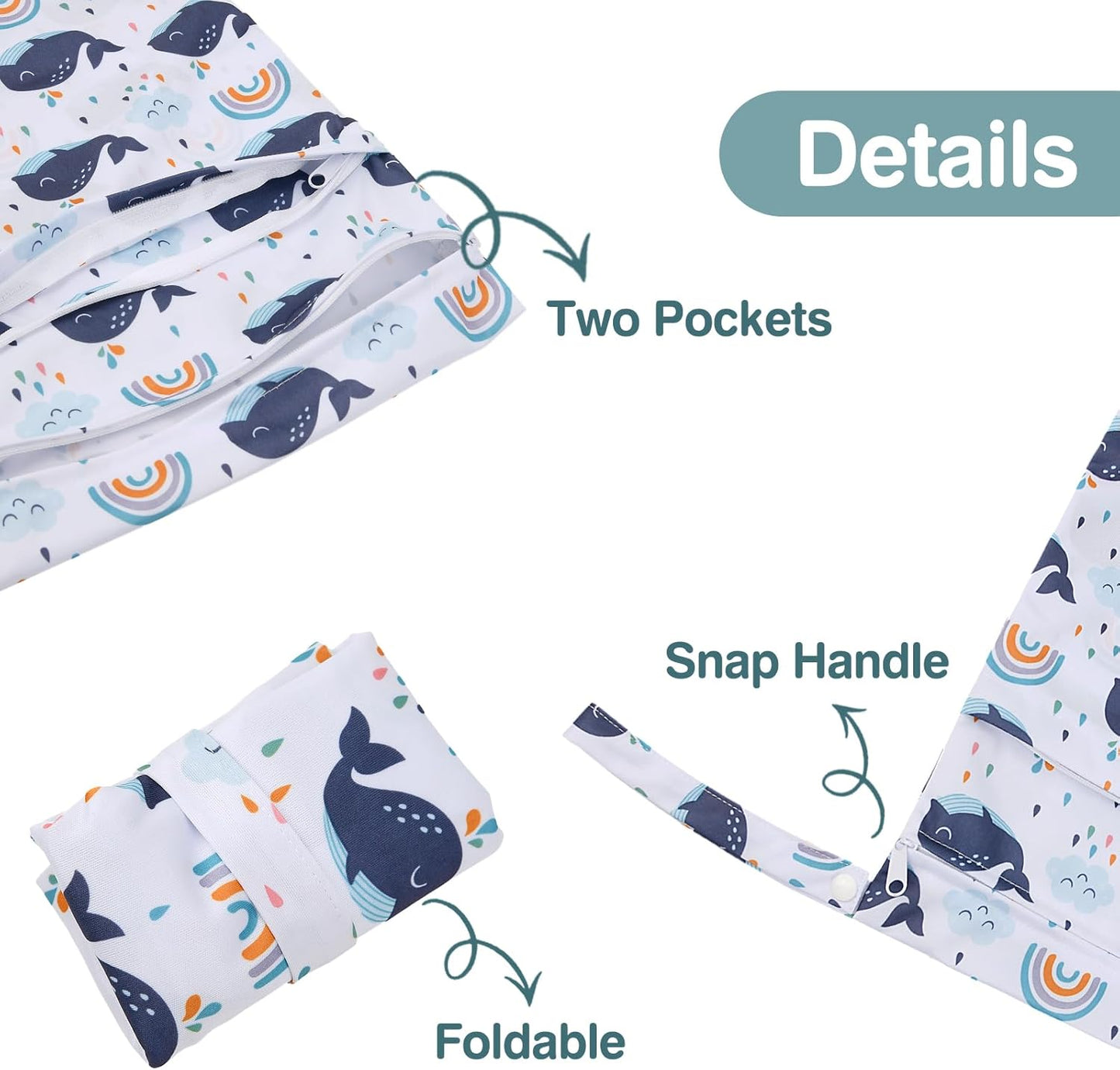 2pcs Cloth Diaper Wet Dry Bags Waterproof Reusable with Two Zippered Pockets Travel Beach Pool Daycare Soiled Baby Items Yoga Gym Bag for Swimsuits or Wet Clothes-Dolphin