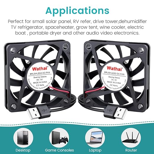 2 Packs Wathai 60mm x 10mm USB Computer Fan 5V with Speed Control DC Brushless Cooling Fans for Charger PC Case Router Raspberry Pi Radiator Cooler Ventilation