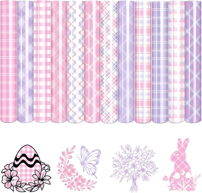Tintnut Pink Purple Plaid Heat Transfer Vinyl, PU HTV Sheets, easy cut & weed