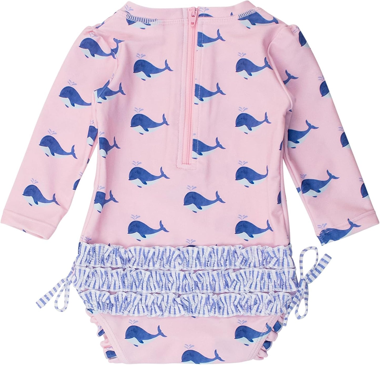 RuffleButts Baby Girls UPF 50+ Sun Protection Novelty Print Long Sleeve One Piece Rash Guard Swimsuit with Zipper