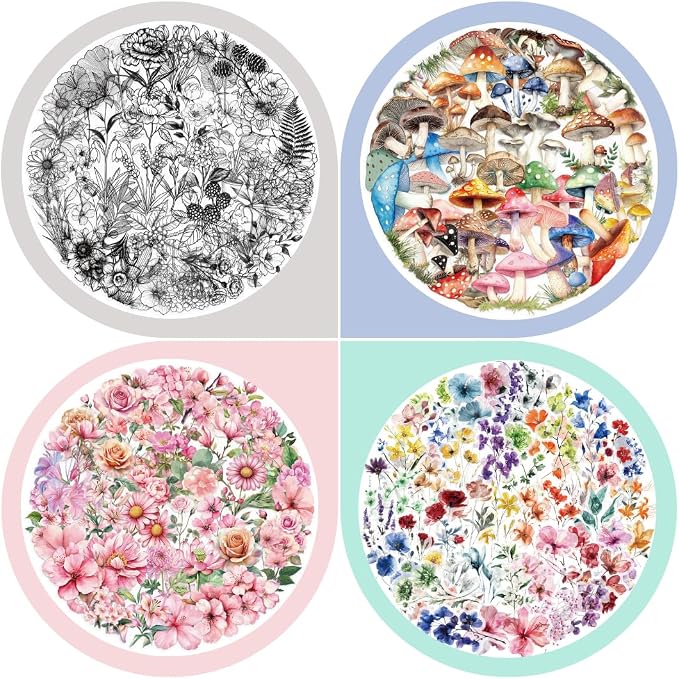 200 Pcs Clear PET Stickers Black Fine Line Flowers, Wildflowers & Mushrooms