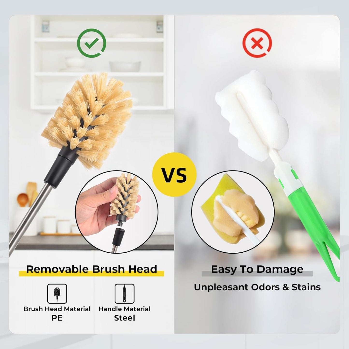 2-in-1 Water Bottle Brush, Water Bottle Cleaner & Straw Brush Cleaning Scrubbing Brush 15 in Long Bottle Brush Detachable Head Multi-Function Cleaning Brush Homework Cleaning Brushe