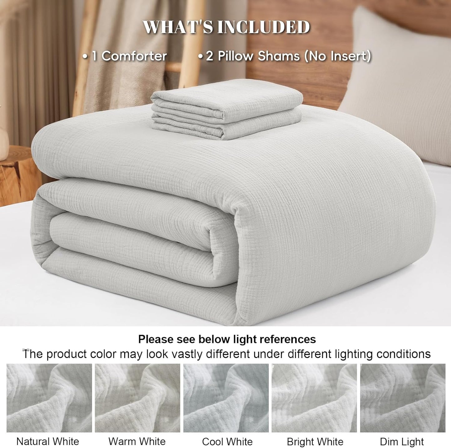 PHF Cotton Muslin Comforter Set Queen Size – Ultra Soft, Breathable & Lightweight Bedding Set for All Seasons, 3 Pieces - 1 Comfy Comforter 90"x90", 2 Pillow Shams 20"x26", Light Grey