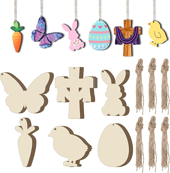 48Pcs Paintable Wooden Easter Ornaments Unfinished Wood Cutouts