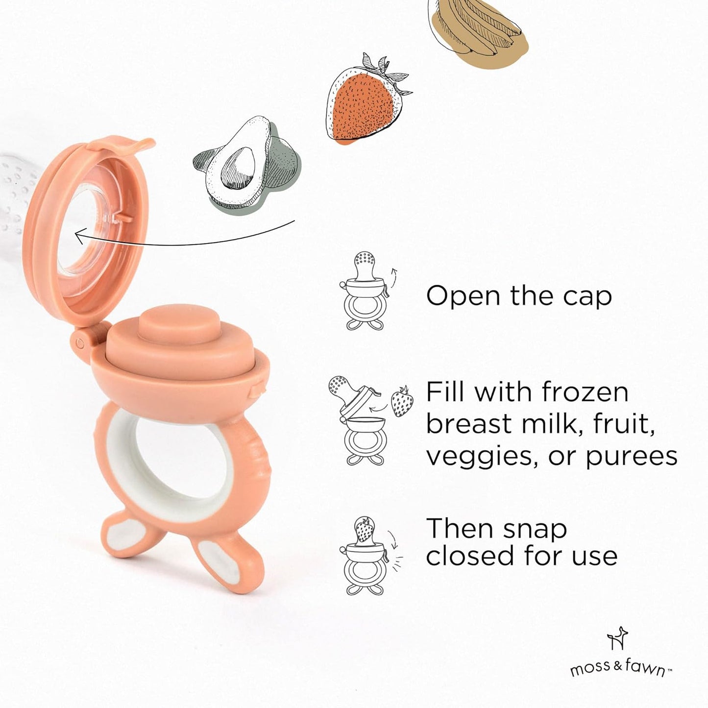 Moss and Fawn Little Explorer Kit - Silicone Frozen Breast Milk Popsicle Kit with Forage Feeder, Teething Popsicle Ice Cube Tray, & Gather & Roll Baby Feeding Bib - BPA, PVC, & Lead-Free - Bloom