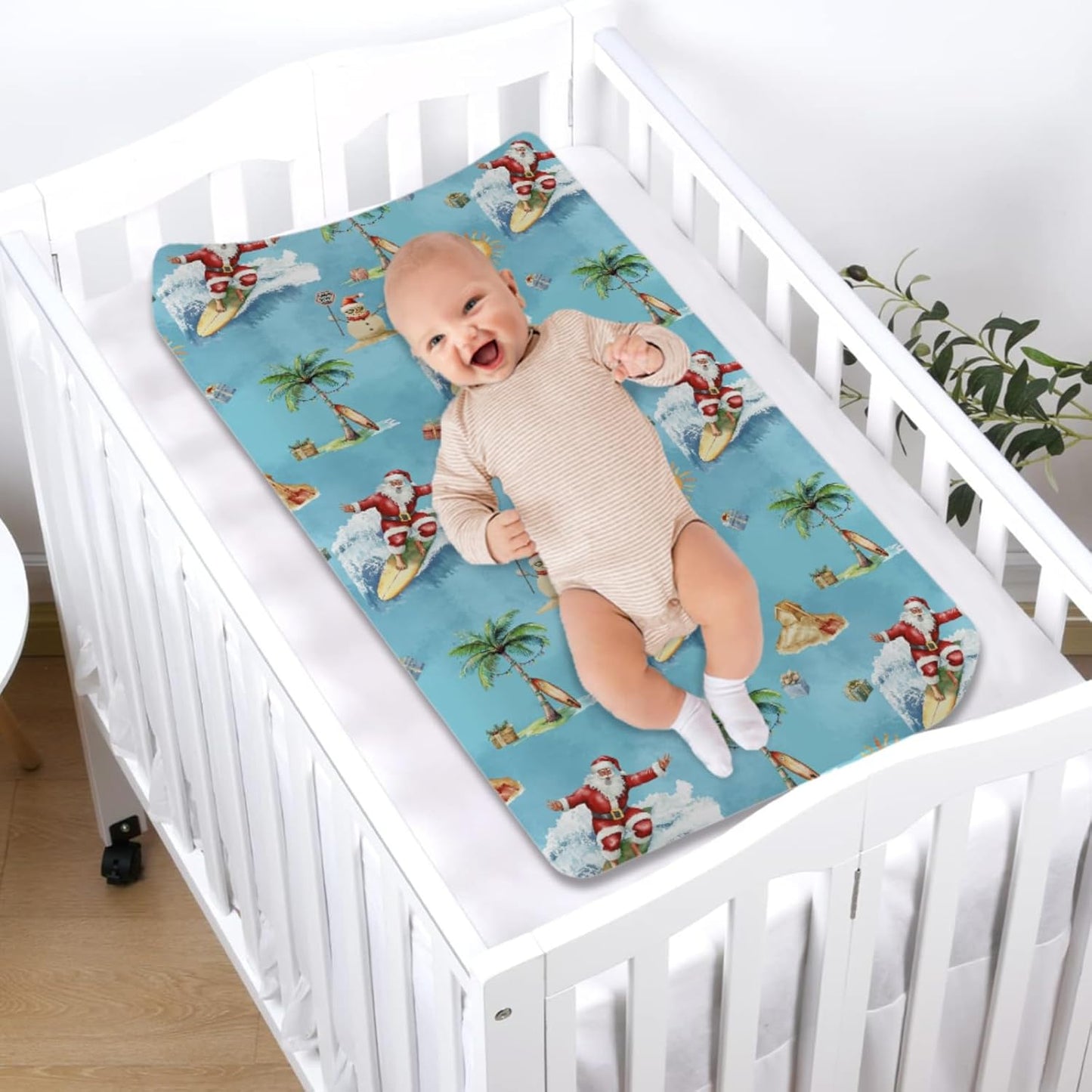 Surfing Santa Holiday Beach Baby Changing Pad Covers Santa Surfboard Palm Trees Sun Gift Fitted Diaper Changing Table Sheets for Boy Summer Christmas Soft Stretchy Fitted Change Table Mat 32''x16''
