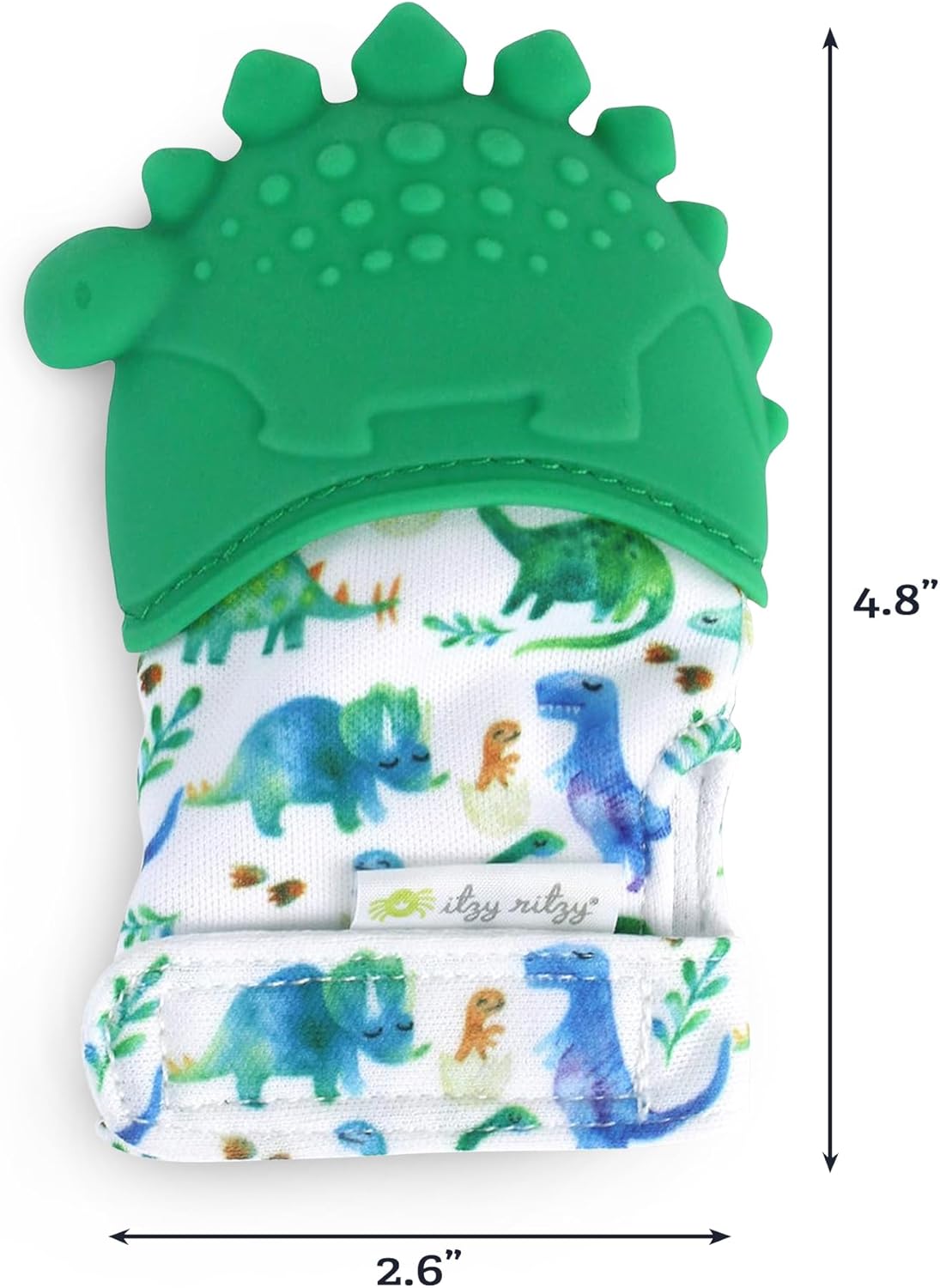 Itzy Ritzy Silicone Teething Mitt - Soothing Infant Teething Mitten with Adjustable Strap, Crinkle Sound & Textured Silicone to Soothe Sore & Swollen Gums - for Ages 3 Months & Up (Green Dinosaur)