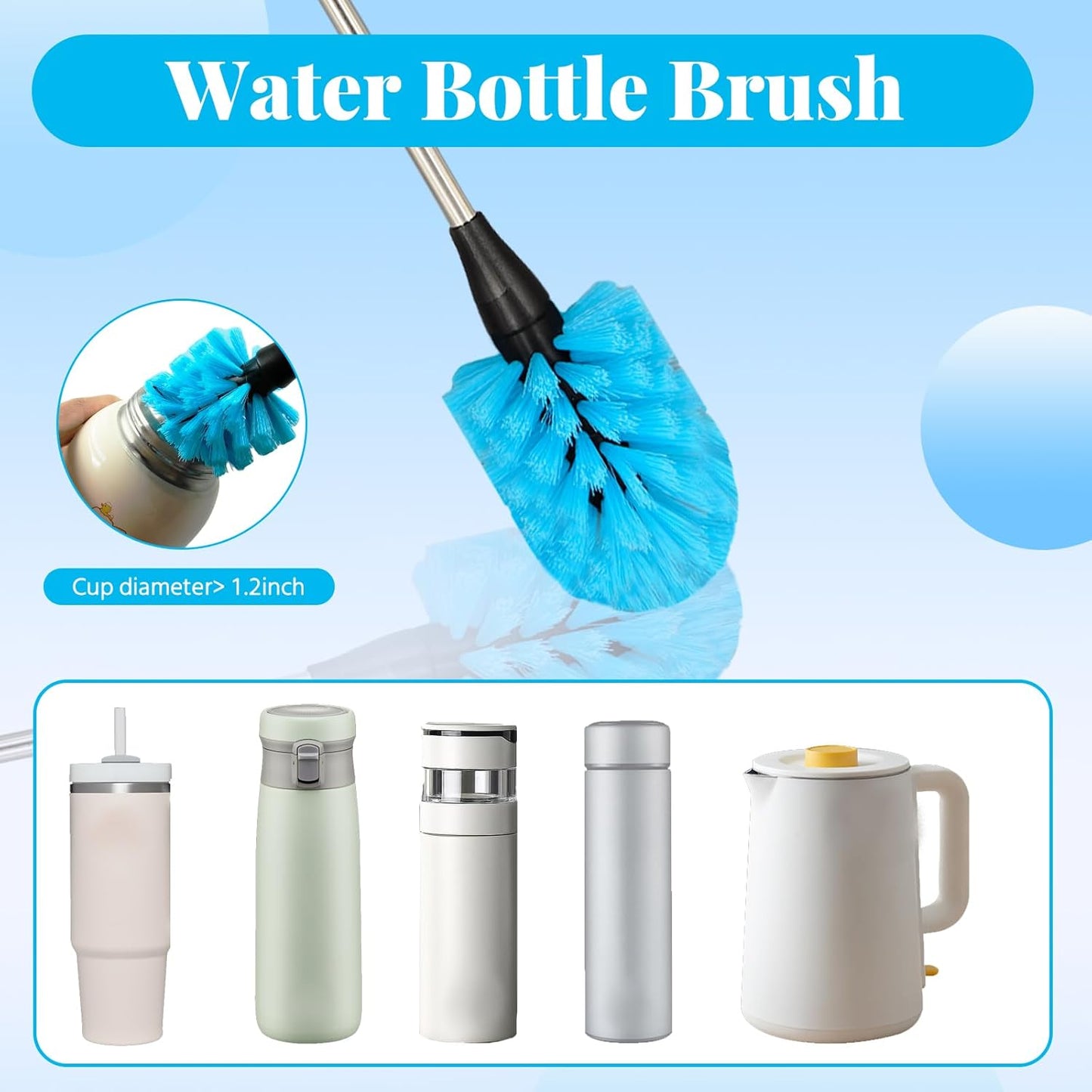 4-in-1 Bottle Brush, 15 in Water Bottle Brush & Straw Cleaner Brush,Lid Brushe,Bottle Cleaning Brush for Water Bottle, Flask,Wine Decanters,Straws-Blue