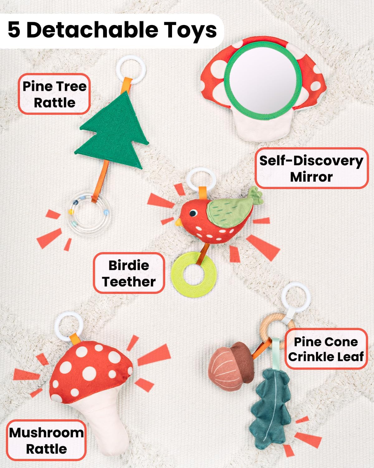 Baby Play Gym, 7-in-1 Thickened and Larger Activity Mat, Washable Baby Play Mat with Non Slip Bottom, Tummy Time Mat with 5 Detachable Toys for Motor Skills, Easy to Store - Mushroom