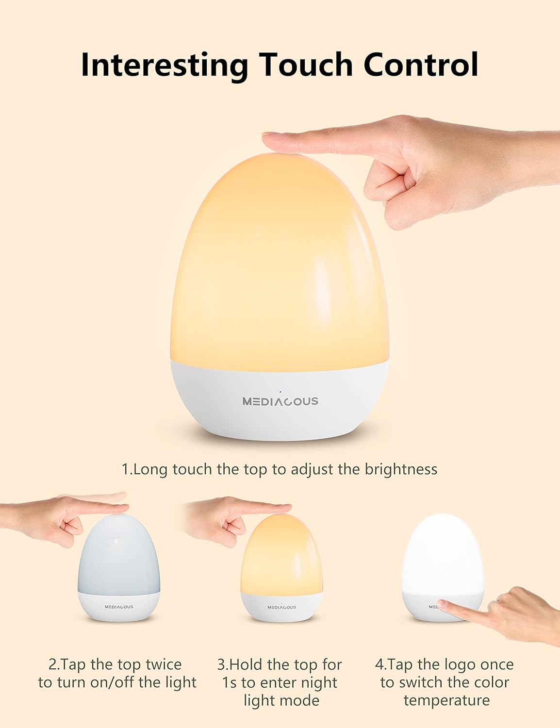 MediAcous Night Lights for Kids Room, Baby Night Light with Stable Charging Pad, Dimmable Kids Night Light with 1H Timer & Touch Control, ABS+PC LED Egg Lamps for Breastfeeding, Up to 200H
