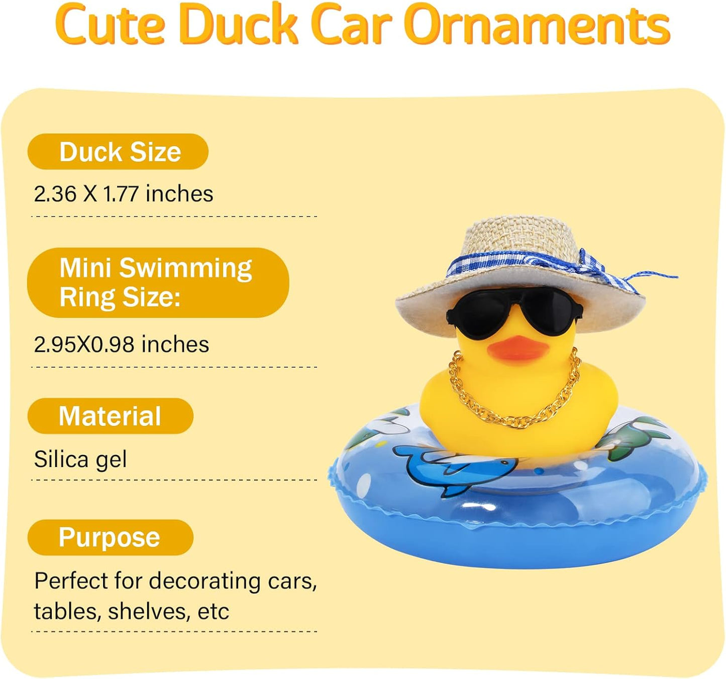 wonuu Car Rubber Duck, Yellow Duck Decoration Dashboard with Sun Hat Swim Ring Necklace Sunglasses for Car Dashboard Decorations