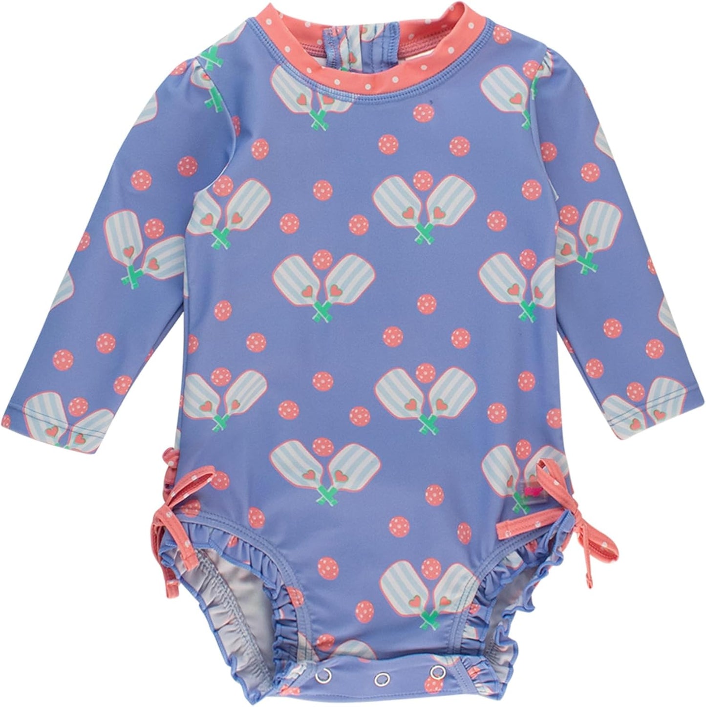 RuffleButts Baby Girls UPF 50+ Sun Protection Novelty Print Long Sleeve One Piece Rash Guard Swimsuit with Zipper