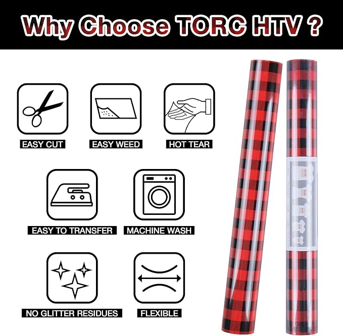 TORC Red Black Buffalo Plaid HTV Vinyl 12 inch x 5 ft, Check Heat Transfer