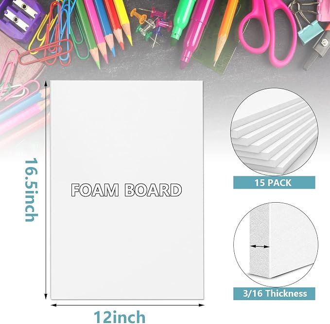 15 Pack White Foam Board for Projects, 12 x 16.5Inch Foam Core Baking Board Mat
