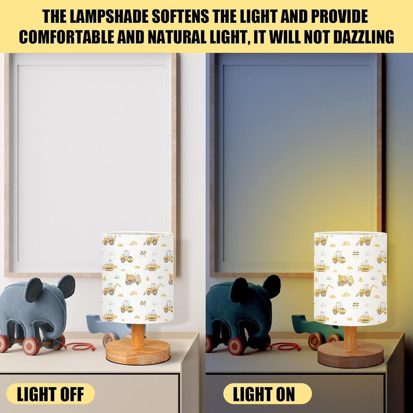 VIHOSE Construction Kids Table Lamp for Bedroom Kids Bedside Lamp with Linen Wooden Nightstand Cartoon Nursery Lampshade for Girls Boys Living Room