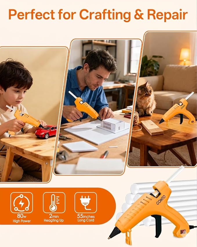 Full Size Hot Glue Gun with 10 Glue Sticks | 80W High-Power Fast Heating