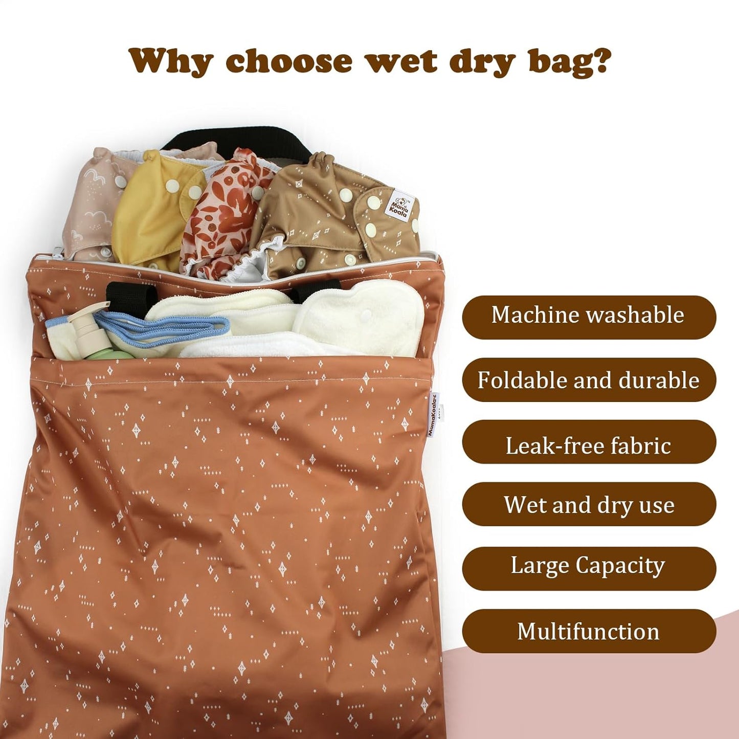 Mama Koala Reusable Hanging Wet Dry Bags for Baby Items, Cloth Diapers, Swimsuits, Travel, Gym Clothes, Beach, Pump Parts, Toiletries, Two Zippered Pockets, 2 Pack (W004L)