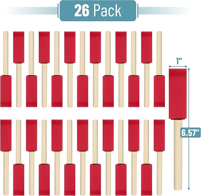 Bates- Foam Paint Brushes with Wood Handle, 1 Inch, 26 Pack, Sponge Brushes
