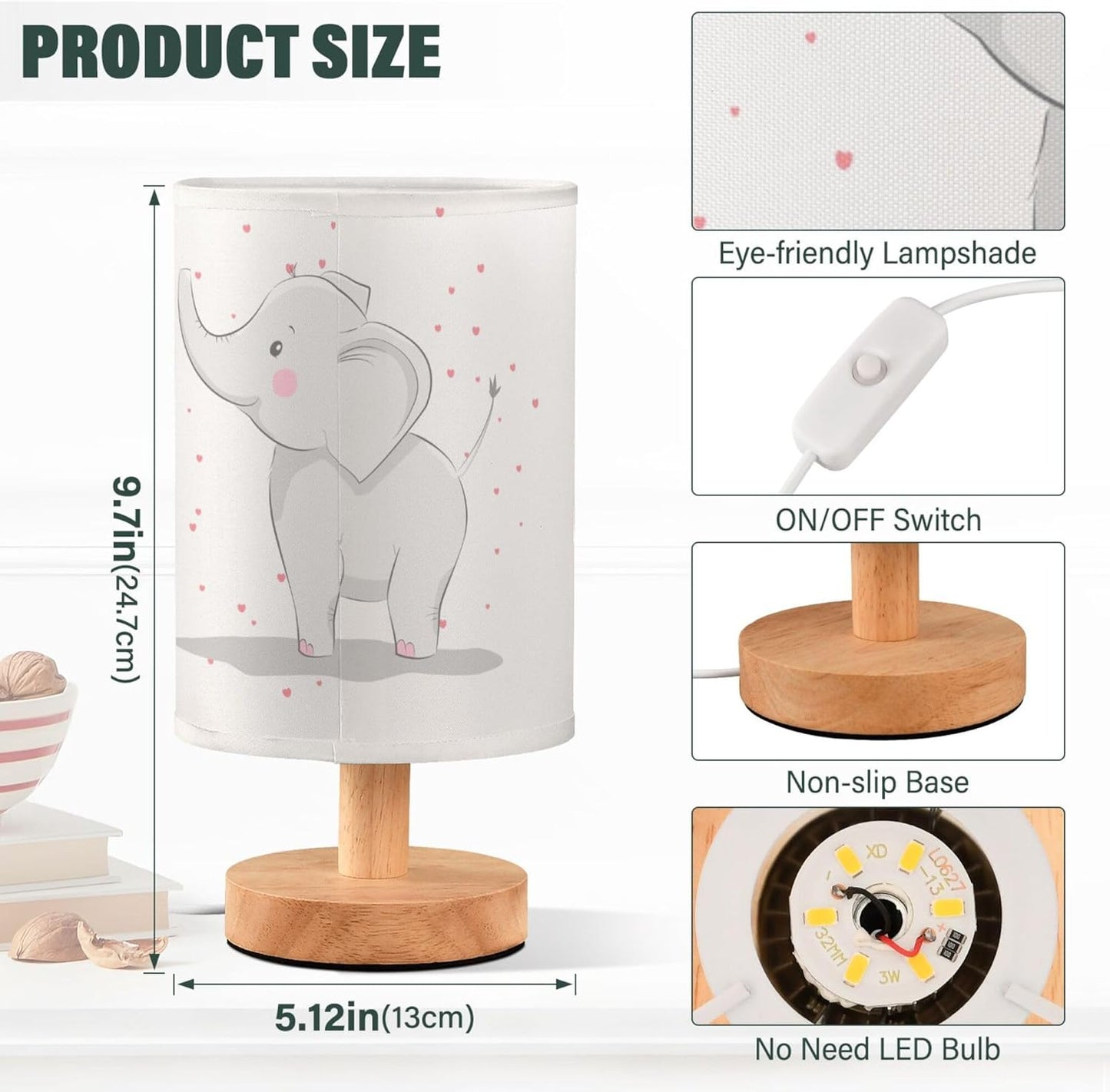 Table Lamp Cute Elephant Baby with Love Heart Valentines Day White Nightstand Lamp with Wood Base Fabric Lamp Shade Bedside Desk Lamp for Living Room Bedroom Kids Room Office